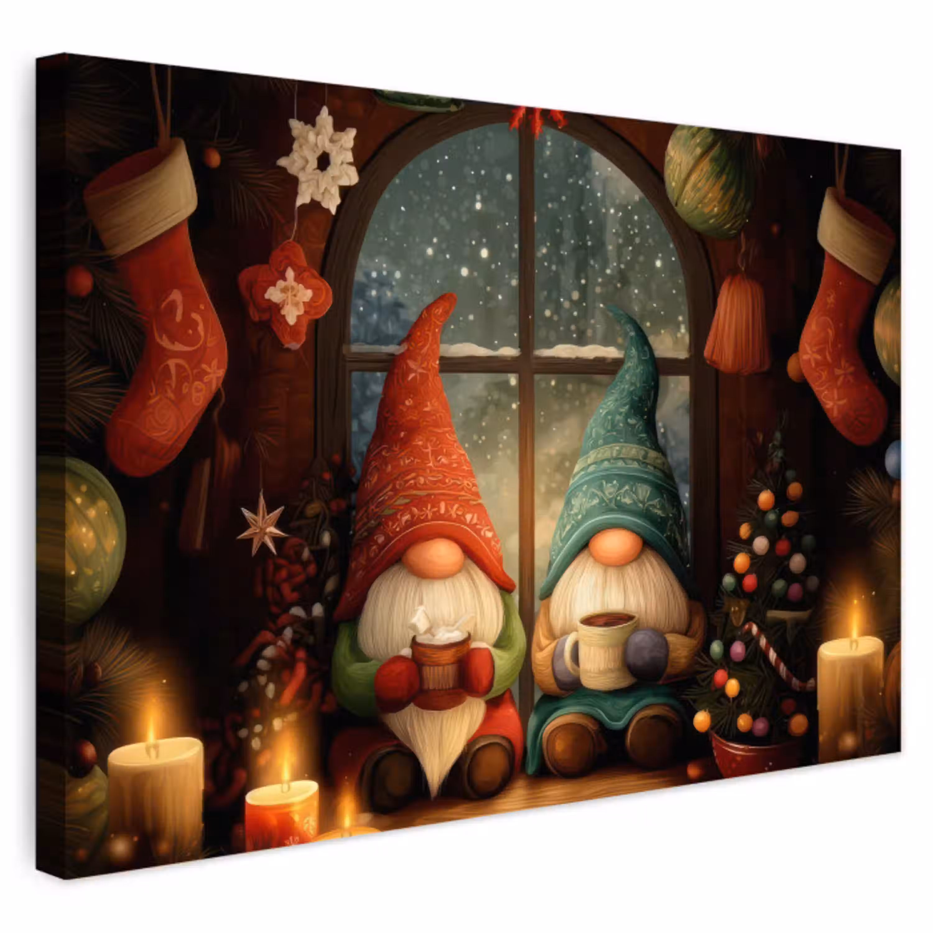 Gnooms - Kerst - Raam - Kleurrijk Tuinposter op houten frame 2 cm dik klein -3d