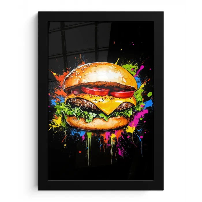 Hamburger - Graffiti - Verf - Kleurrijk - Eten - Abstract fotolijst zwart zonder passe partout klein -3d