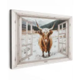 Schotse Hooglander - Winterlandschap - Landelijk - Bergen - Doorkijk Tuinposter op houten frame 2 cm dik klein -3d
