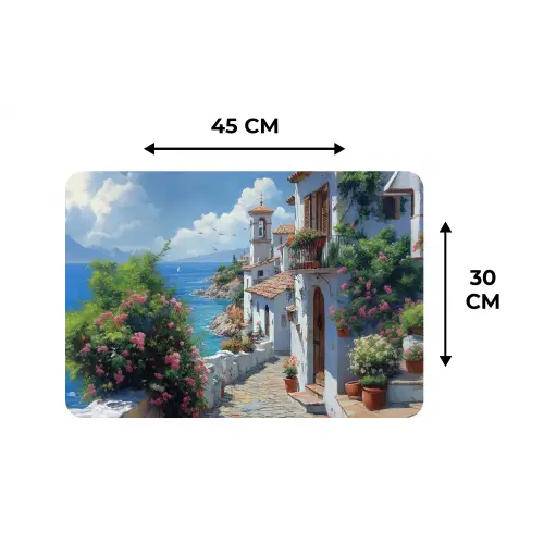 Huizen - Zee - Bomen - Bloemen Placemat vinyl groot -specs