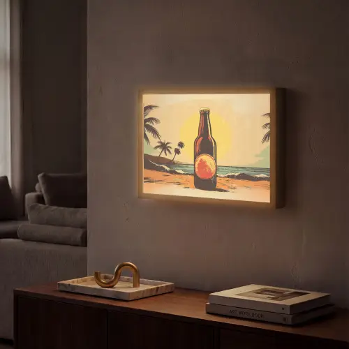 Bierfles - Zonsondergang - Palmbomen - Zee Light Box met batterij (Wandlamp) middel -sfeer1