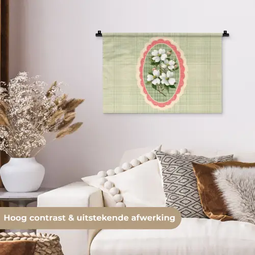 Bloemen - Illustratie - Geruit - Groen Wandkleed katoen klein -sfeer1