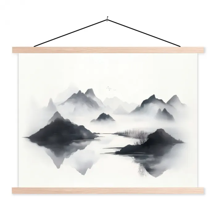 Bergen - Mistig - Water - Wit textielposter latten blank klein -3d