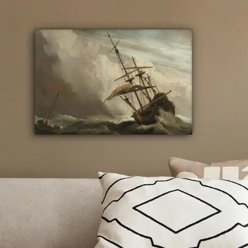 Een schip in volle zee bij vliegende storm - Schilderij van Willem van de Velde canvas 2cm klein -sfeer3
