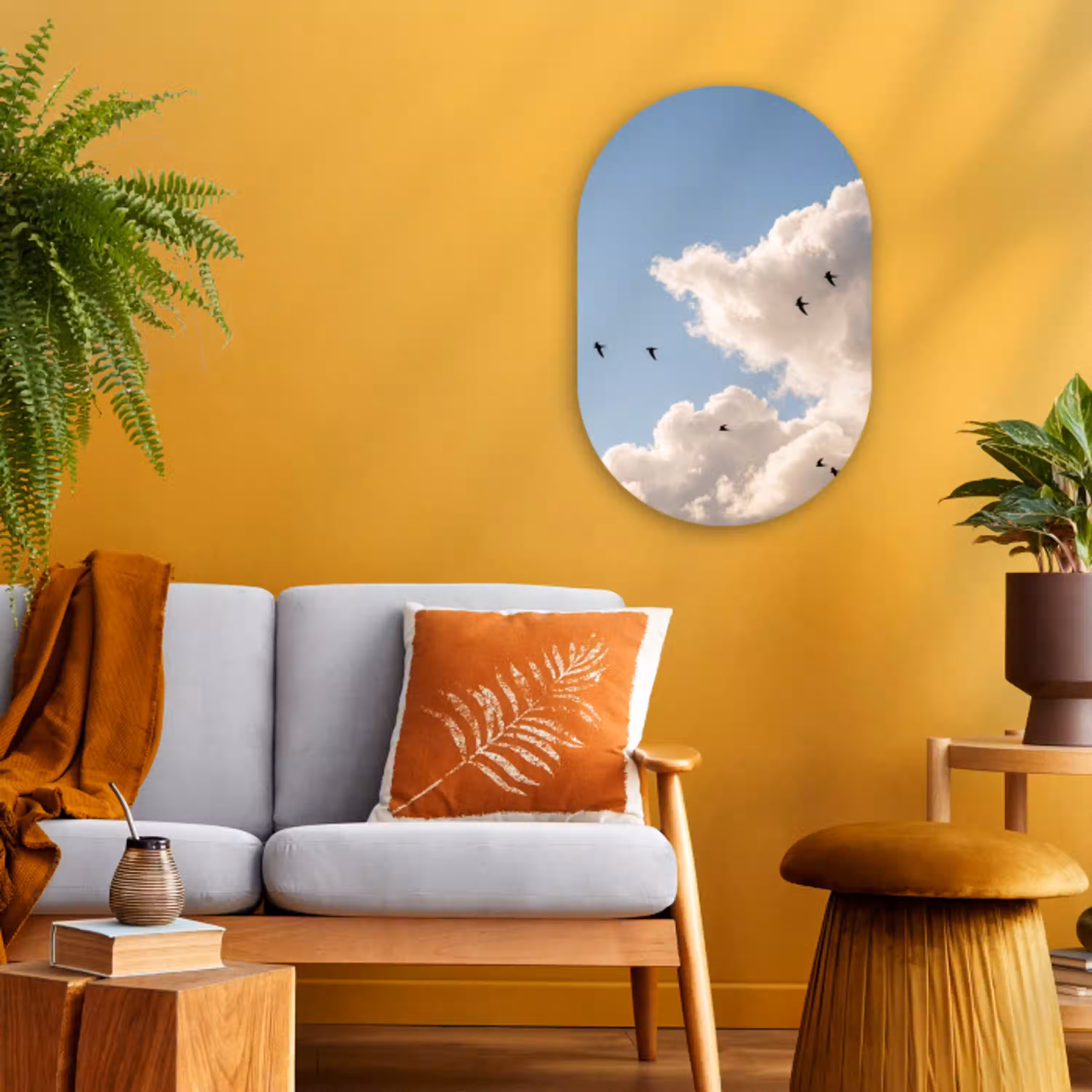 Vogel - Vlucht - Wolken - Natuur - Blauw Wandcirkel Ovaal Forex klein -sfeer4