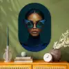 Vrouw - Vlinder - Bril - Blauw - Modern - Portret Wandcirkel Ovaal Glas middel -sfeer2