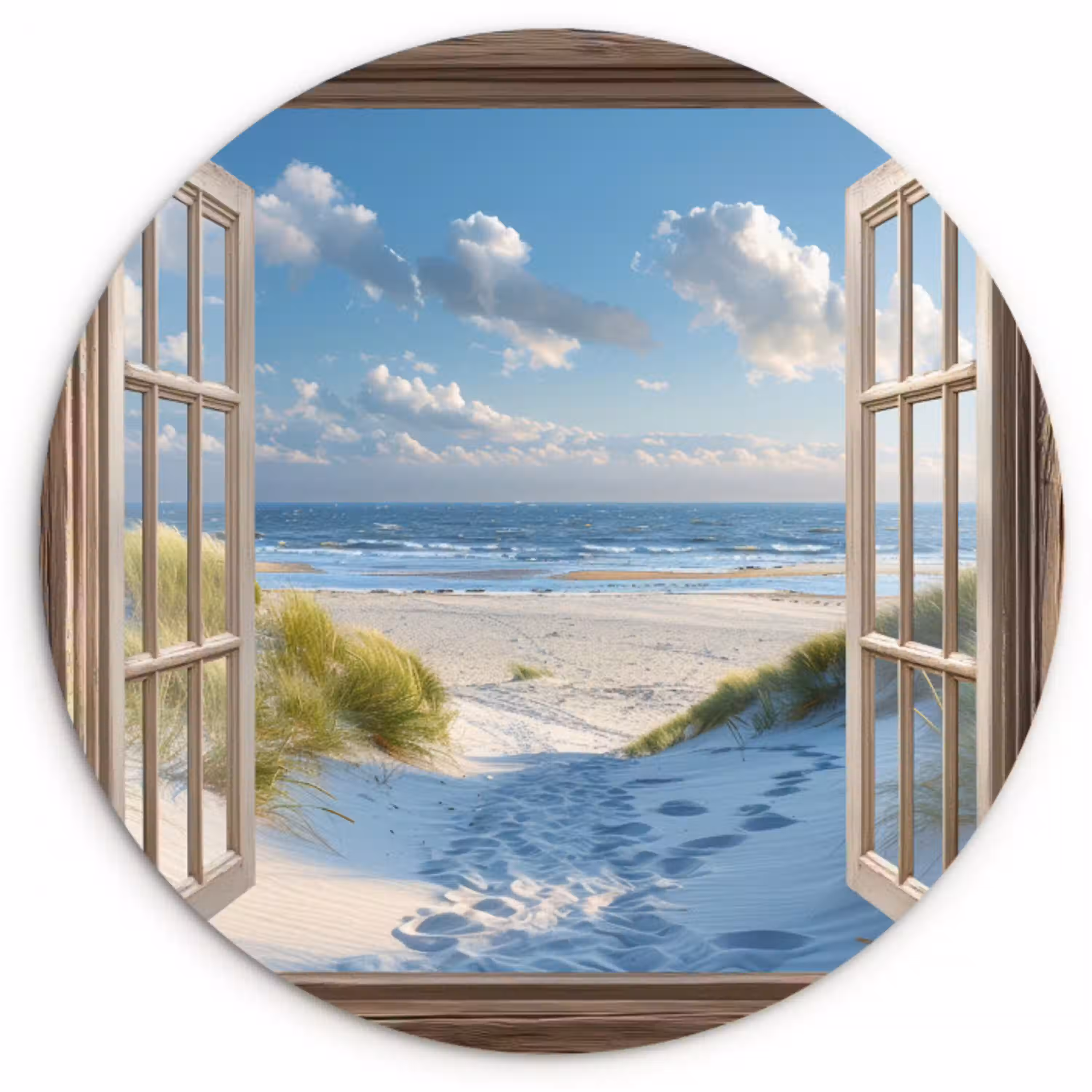 Doorkijk - Strand - Raam - Duinen - Zee Wandcirkel kunststof plaat 5mm dik klein -3d