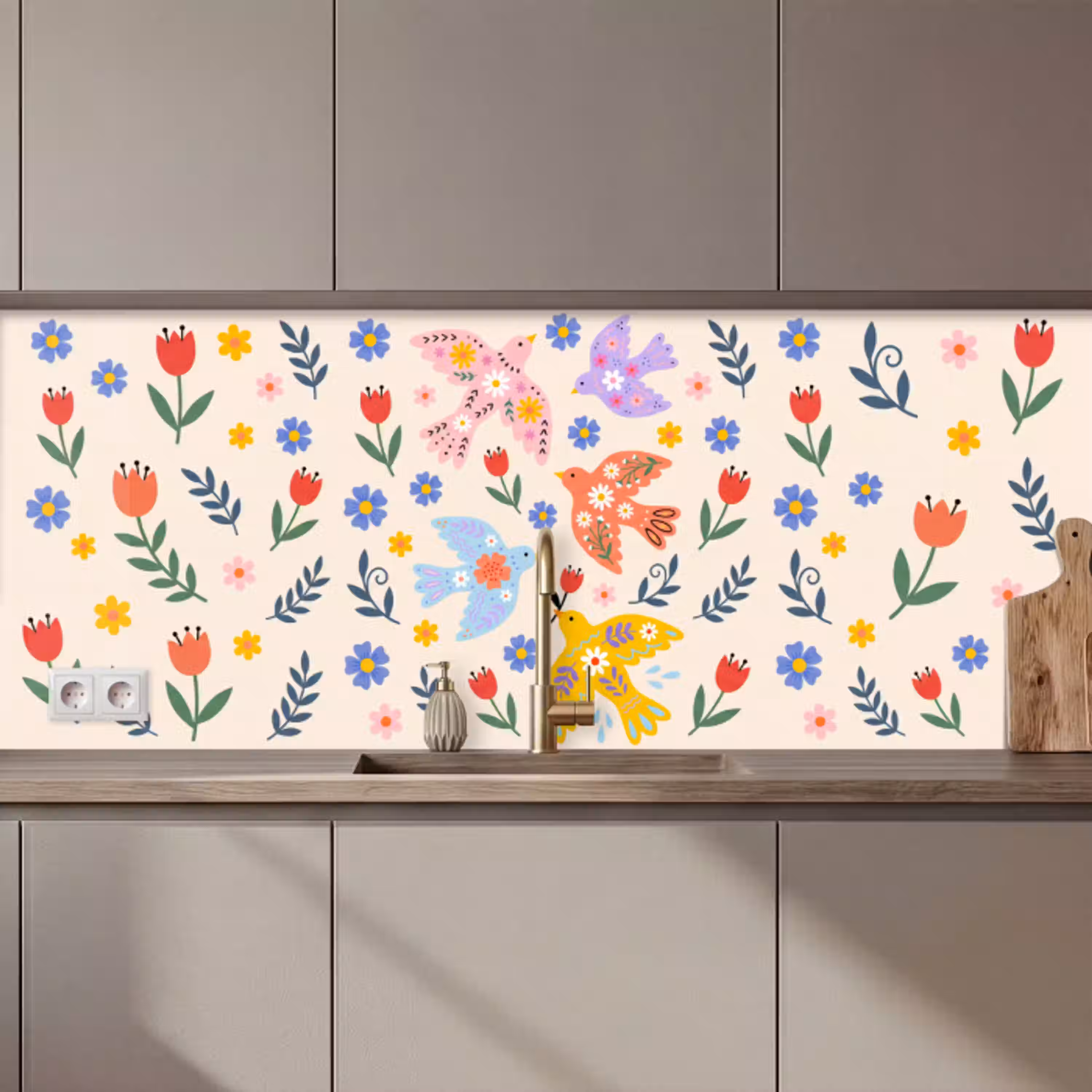 Vogel - Bloemen - Folk - Kleurrijk - Dieren keuken achterwand 2 middel zz_3dshopping