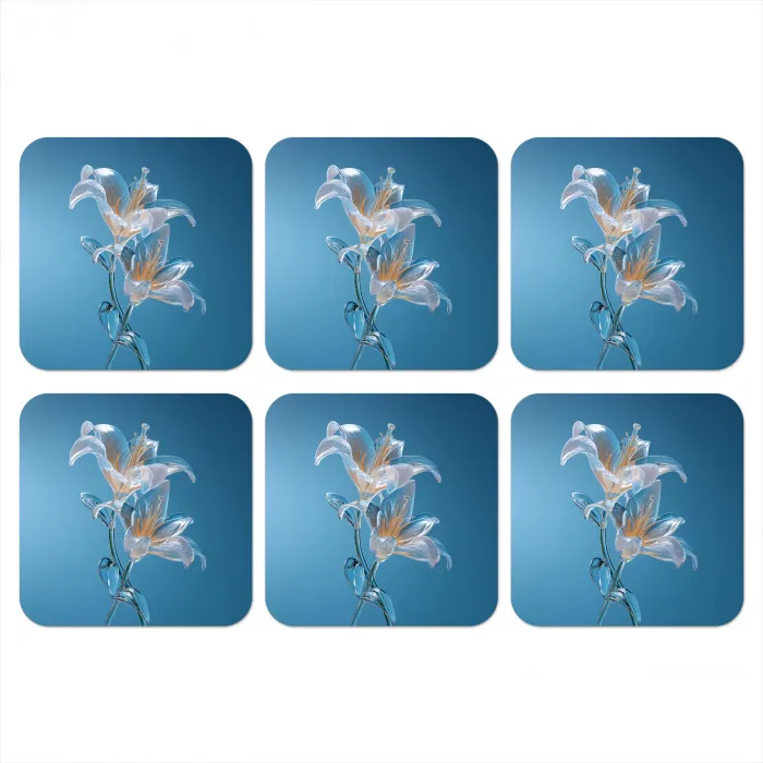 Lelies - Blauw - Glazen onderzetter kurk middel -3d