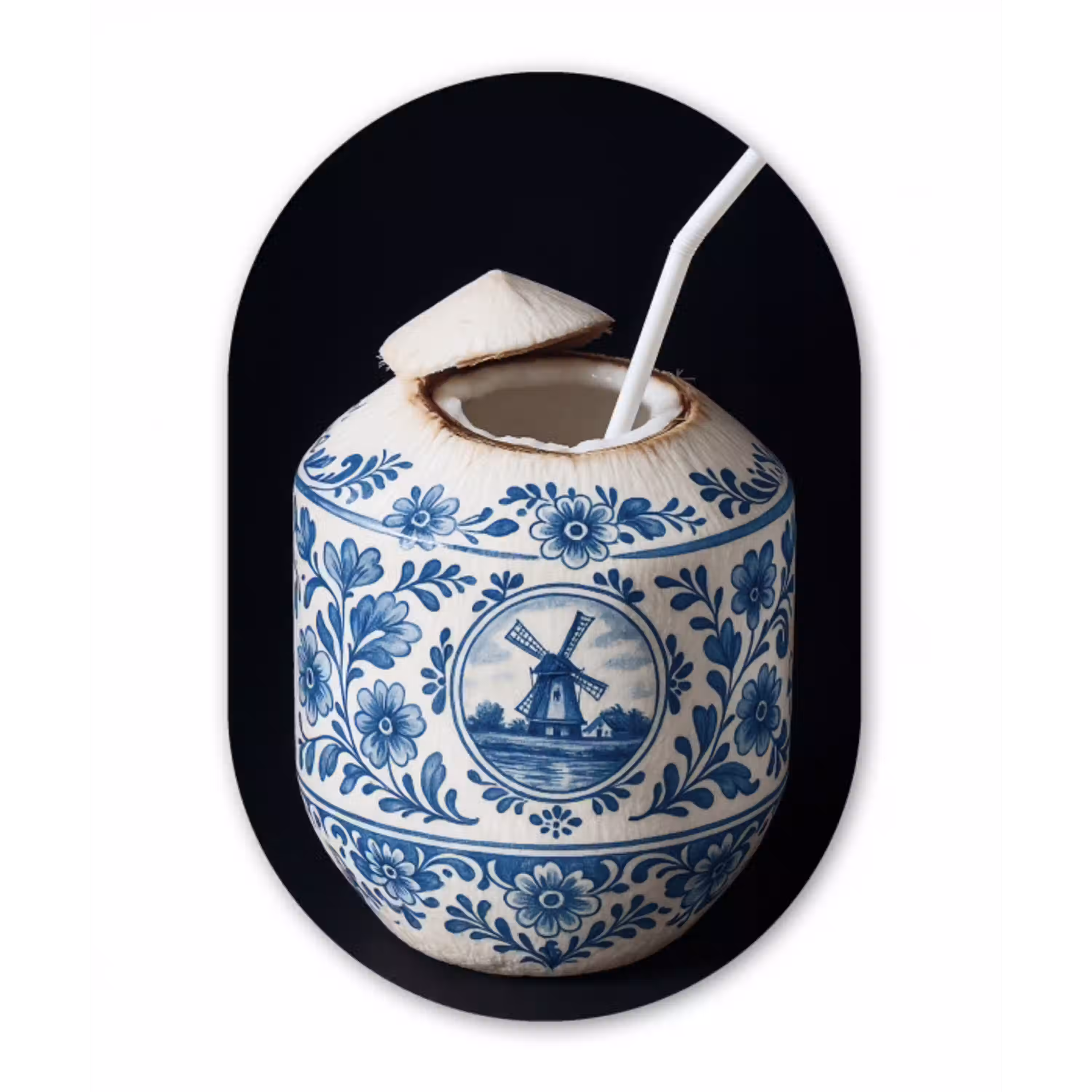Kokosnoot - Eten - Delfts blauw - Drinken Wandcirkel Ovaal Aluminium middel -3d