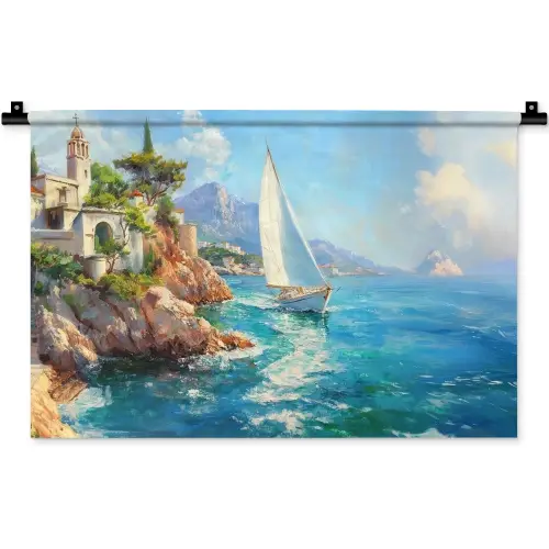 Zeilboot - Rotsen - Kust - Huizen Wandkleed katoen klein -zz3d