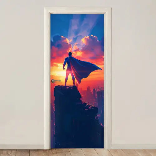 Superheld - Stad - Jongens - Kleurrijk - Zon deurposter klein -3d_beige
