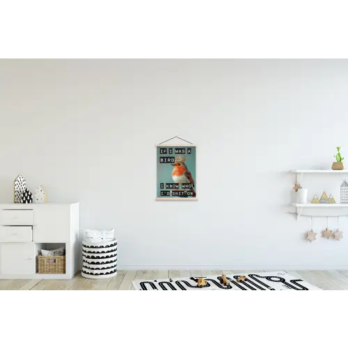 Roodborstje - Vogel - Blauw - Decoratie textielposter latten blank klein -kinderkamer