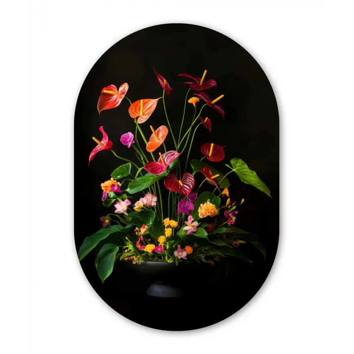 Bloemen - Vaas - Kleurrijk Wandcirkel Ovaal Glas middel -3d