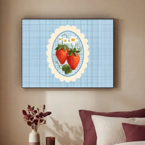 Aardbeien - Lijst - Rood - Geruit Textielframe - compleet frame klein -sfeer1