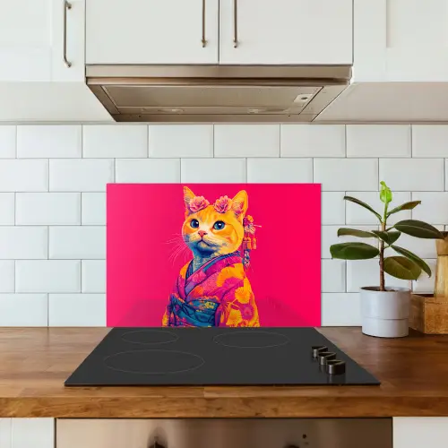 Kat - Kimono - Bloemen - Roze keuken achterwand spatscherm klein -sfeer2