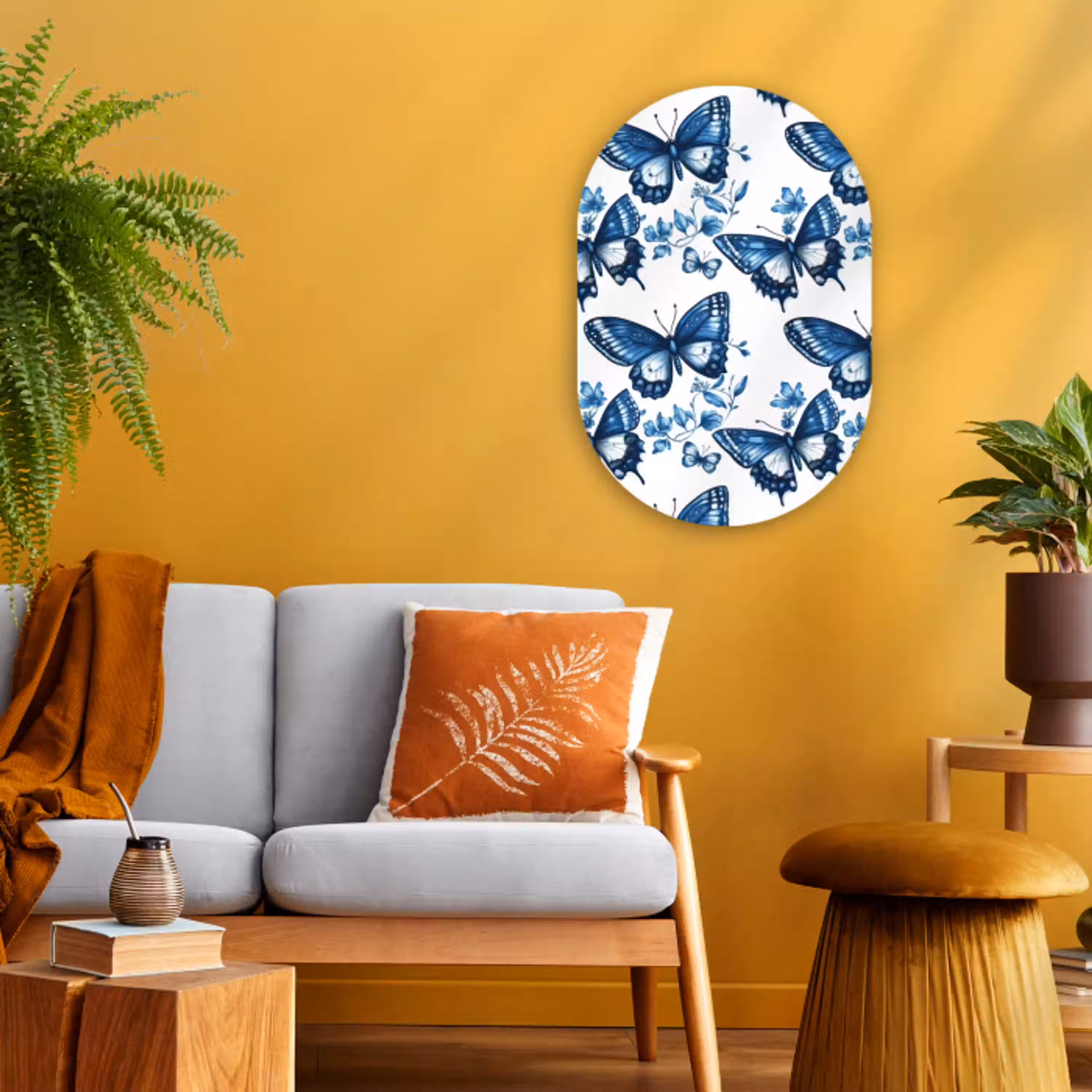 Blauw - Vlinders - Bloemen - Wit Wandcirkel Ovaal Forex klein 630 -sfeer4