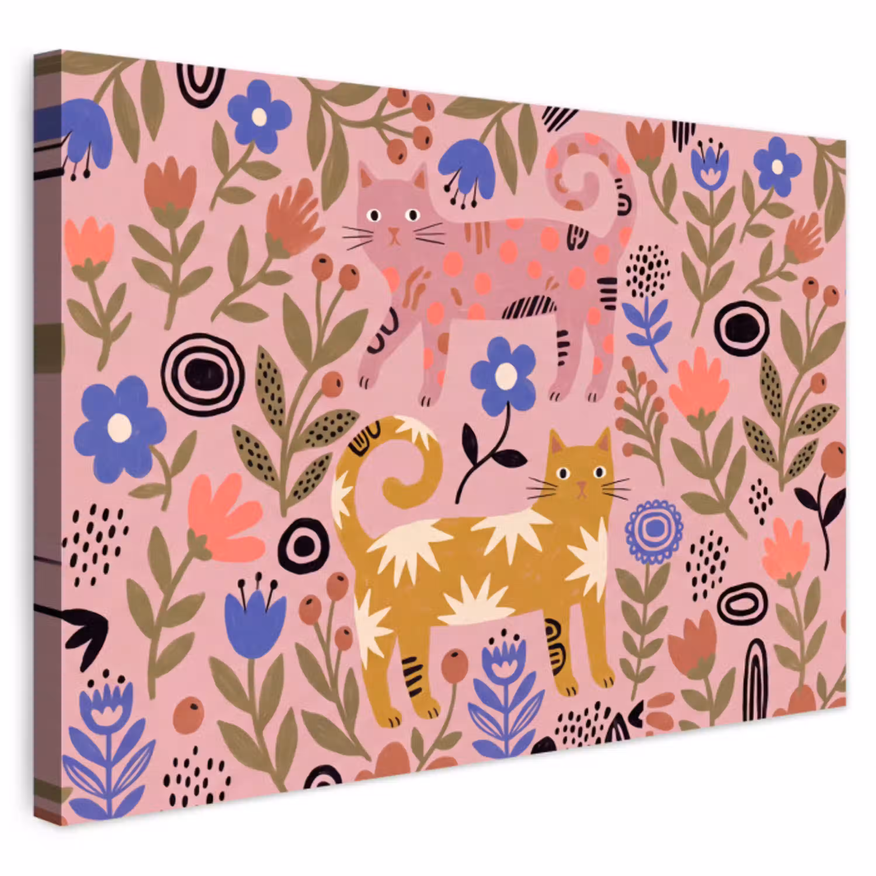 Kat - Bloemen - Dieren - Modern - Roze Tuinposter op houten frame 2 cm dik klein -3d