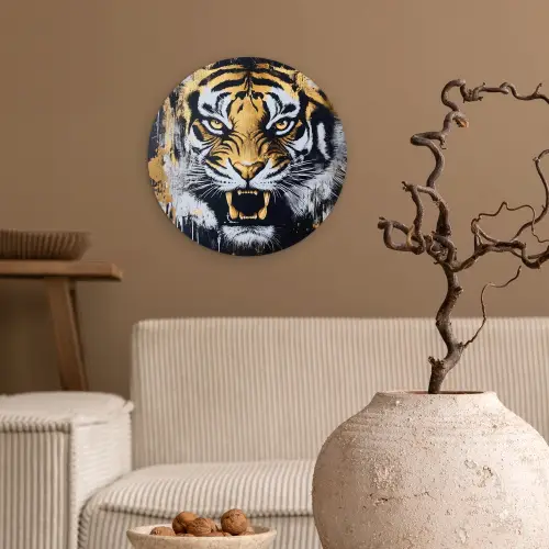 Tijger - Verfspatten - Goud Wandcirkel kunststof plaat 5mm dik klein -sfeer1
