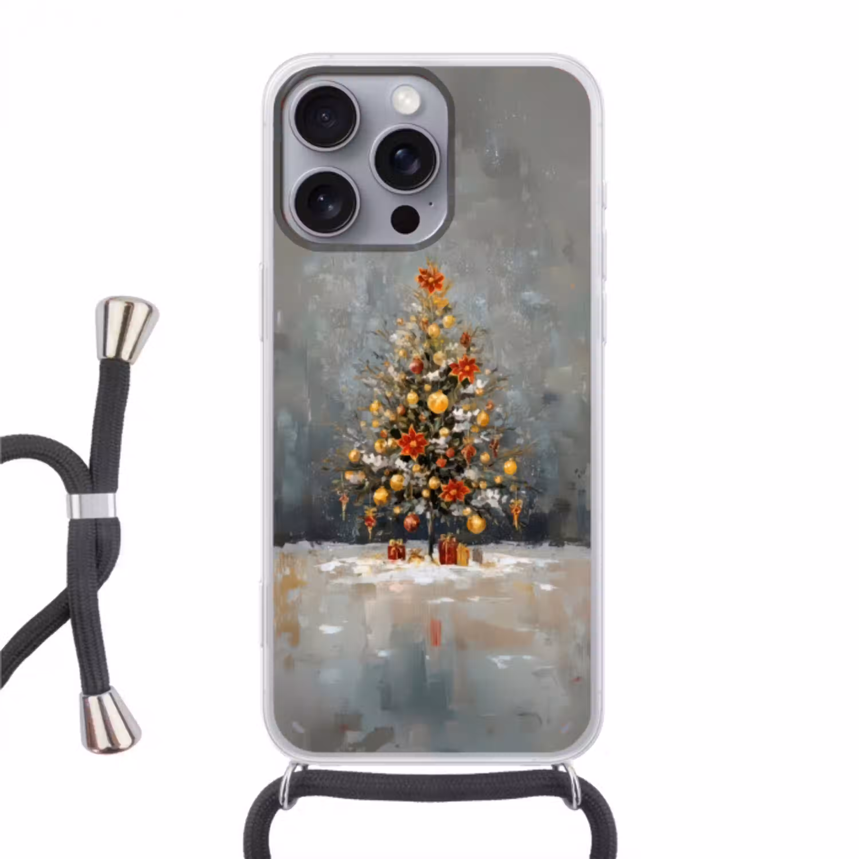 Kerstboom - Cadeaus - Rood - Goud Hoesje iPhone 16 Pro Max met koord klein -3d