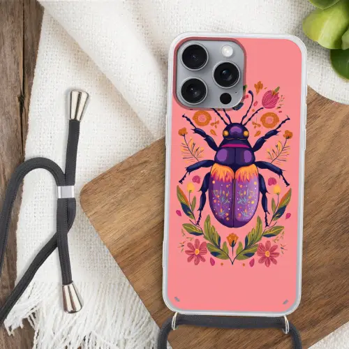 Paars - Kever - Stipjes - Bloemen Hoesje iPhone 16 Pro Max met koord klein -sfeer4
