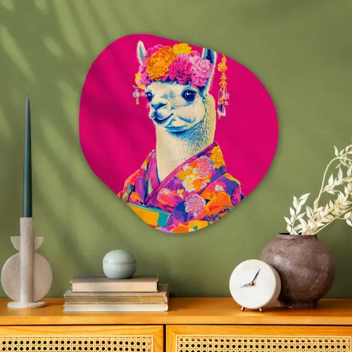 Lama - Kimono - Bloemenkrans - Felroze Wandcirkel Organisch Aluminium middel -sfeer2