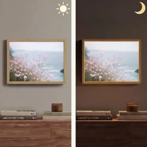 Klif - Bloemen - Zee - Roze Light Box met batterij (Wandlamp) middel -sfeer3