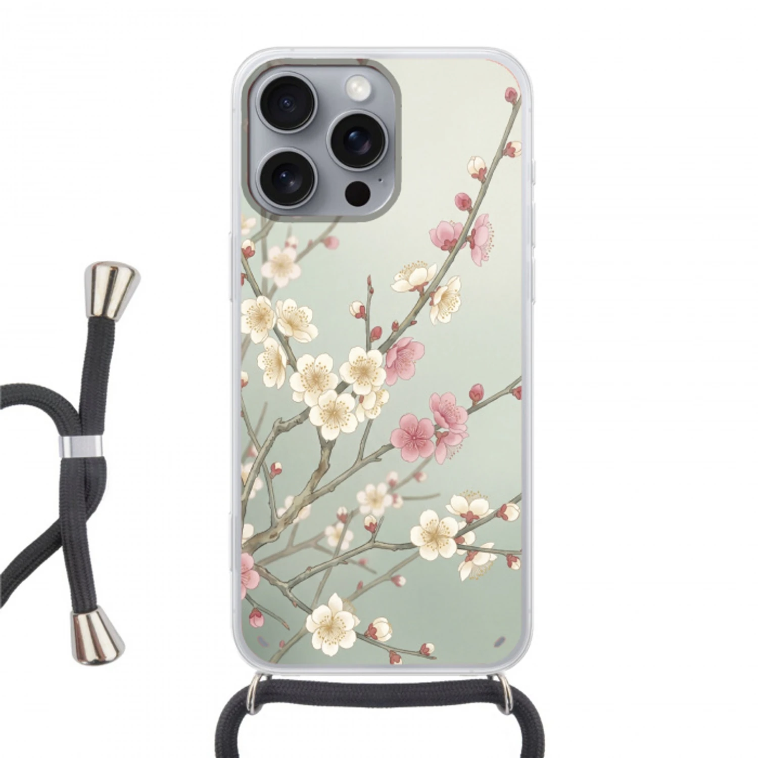 Kersen - Bloesem - Groen Hoesje iPhone 16 Pro Max met koord klein -3d