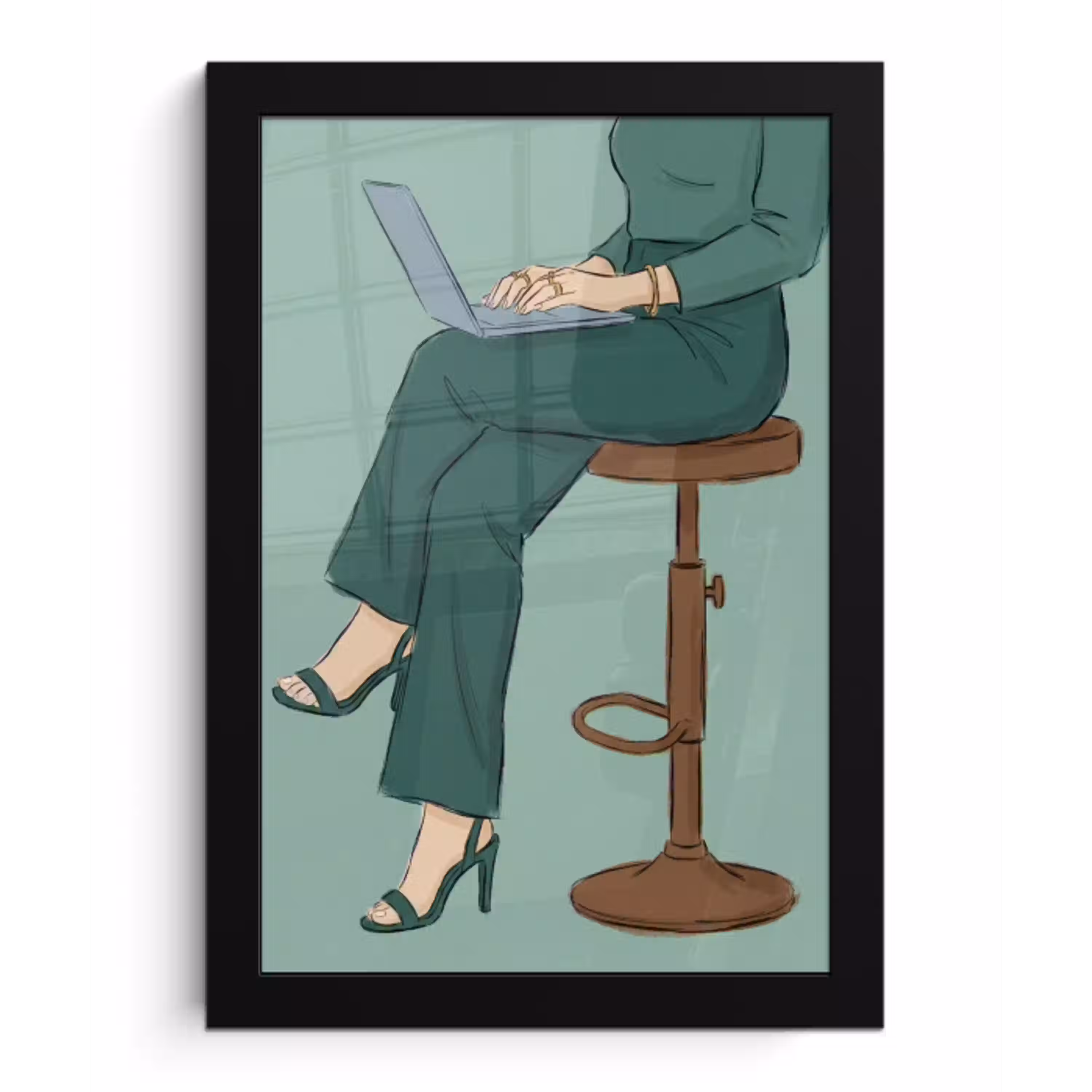 Vrouw - Laptop - Zittend - Illustratie - Groen fotolijst zwart zonder passe partout klein -3d