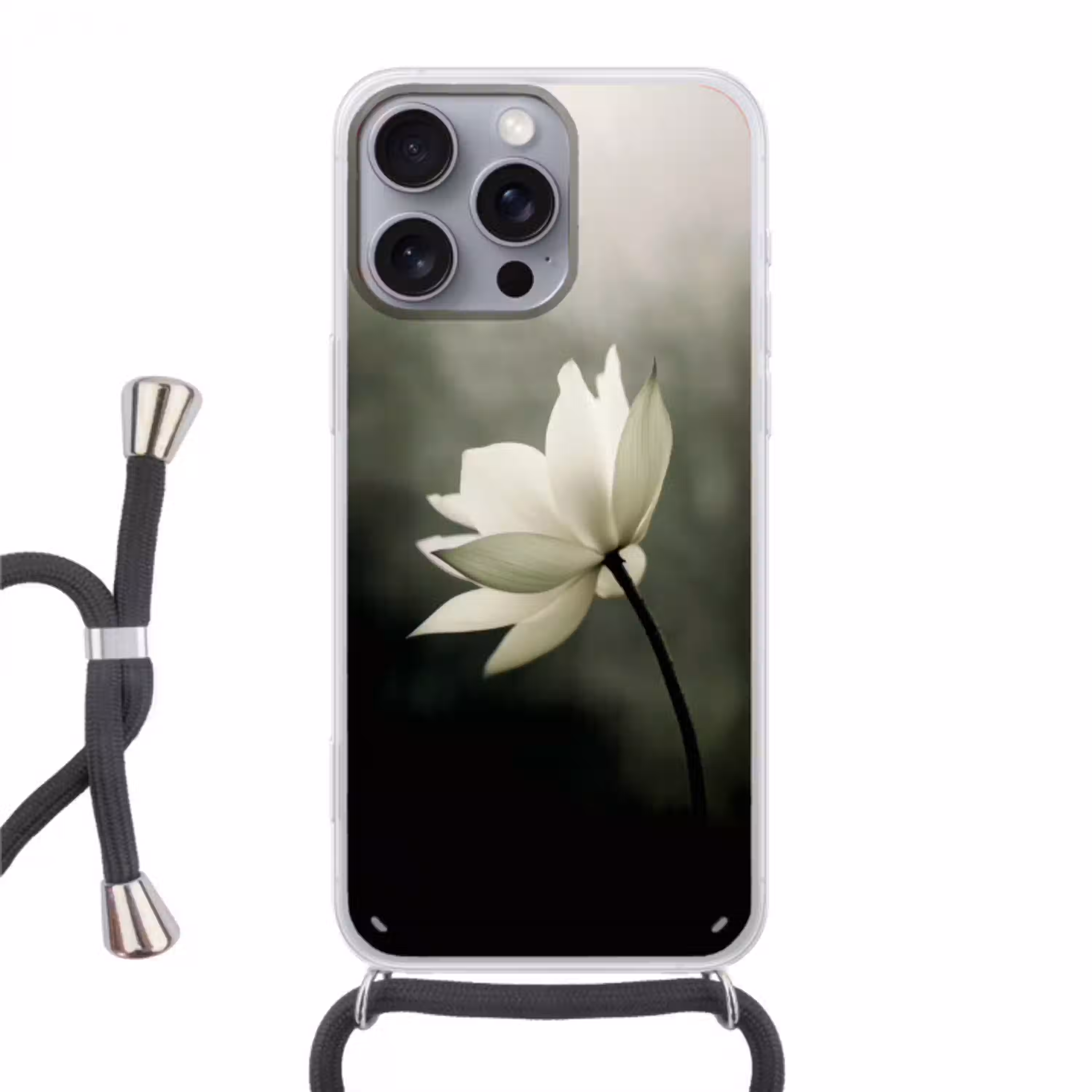 Wit - Lotus - Donker - Bloem Hoesje iPhone 16 Pro Max met koord klein -3d