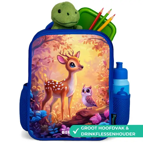 Hertje en uil in een roze sprookjesbos Kinderrugzak - Blauw middel -inhoud_NL