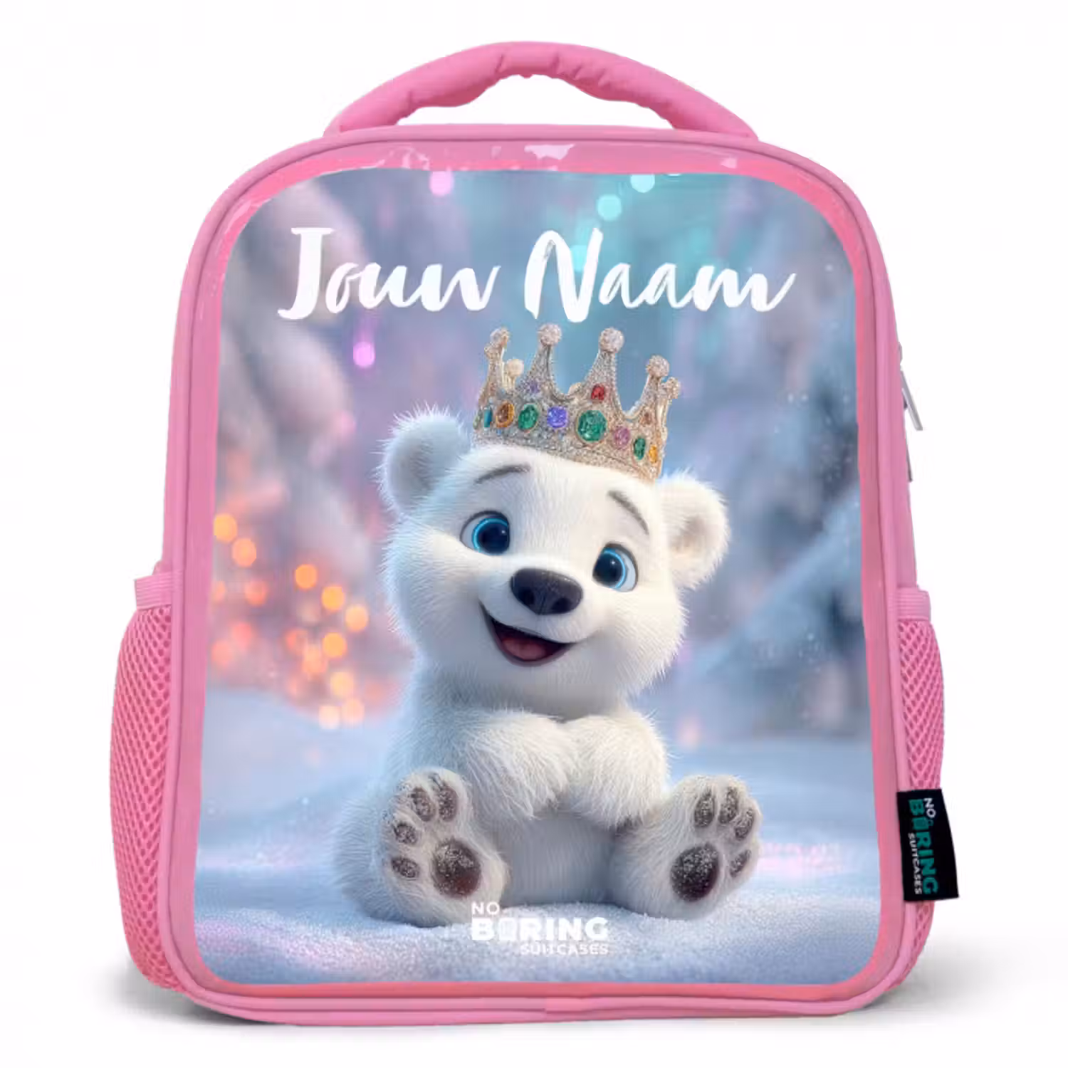 Kinderrugzak met naam - Roze - Ijsbeer - Kroon - Winter