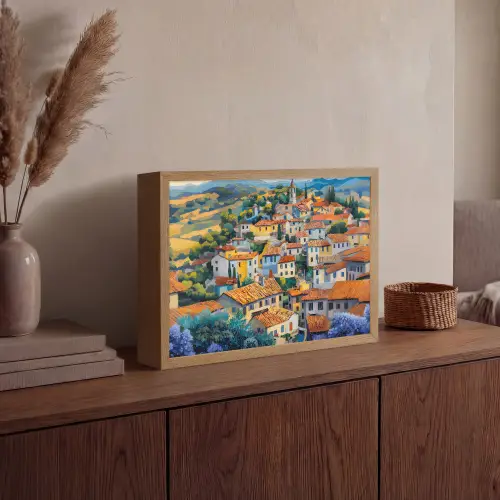 Dorp - Heuvels - Landschap - Bomen Light Box met batterij (Wandlamp) middel -sfeer2
