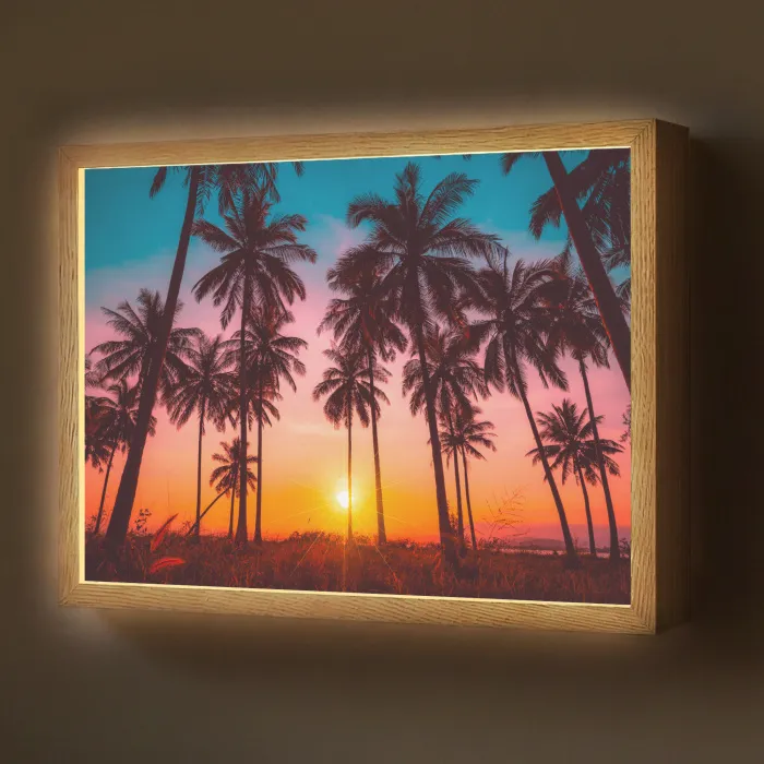 Palmboom - Zonsondergang - Horizon - Strand - Oranje - Roze Light Box met batterij (Wandlamp) middel -z3d_website