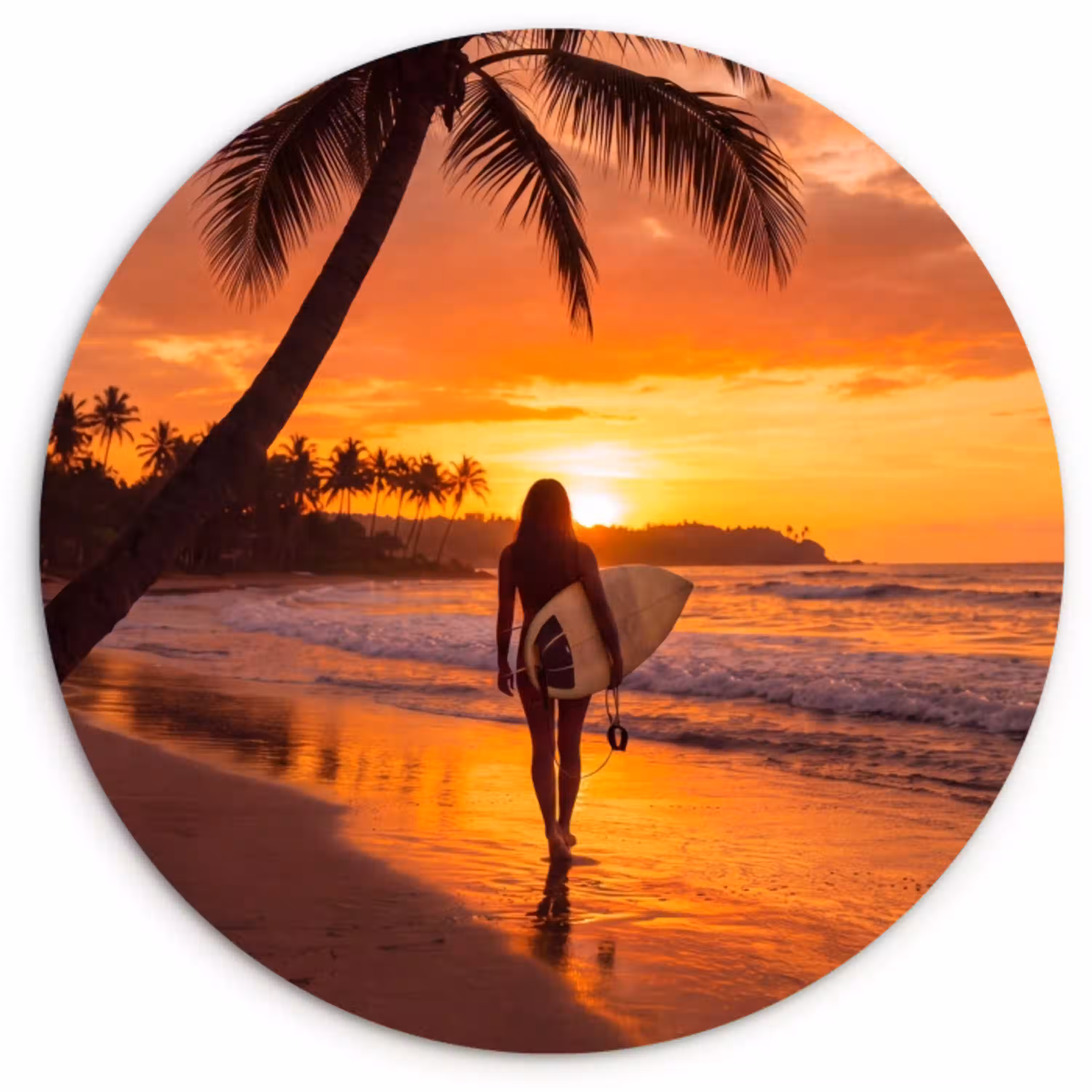 Vrouw - Surfplank - Strand - Zonsondergang - Oranje Wandcirkel kunststof plaat 5mm dik klein -3d