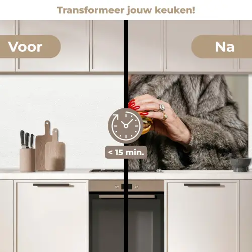 Vrouw - Hamburger - Bontjas keuken achterwand 2 middel -voor-na2_NL