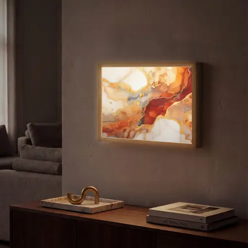 Marmer - Oranje - Goud - Modern - Abstract Light Box met batterij (Wandlamp) middel -sfeer1