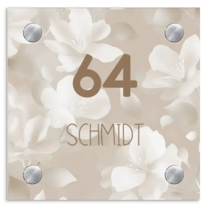 Beigefarbene Blumen - Modern Naambord Vierkant klein -3d