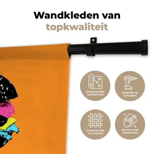 Hamburger - Oranje - Neon - popart Wandkleed katoen klein -sfeer2