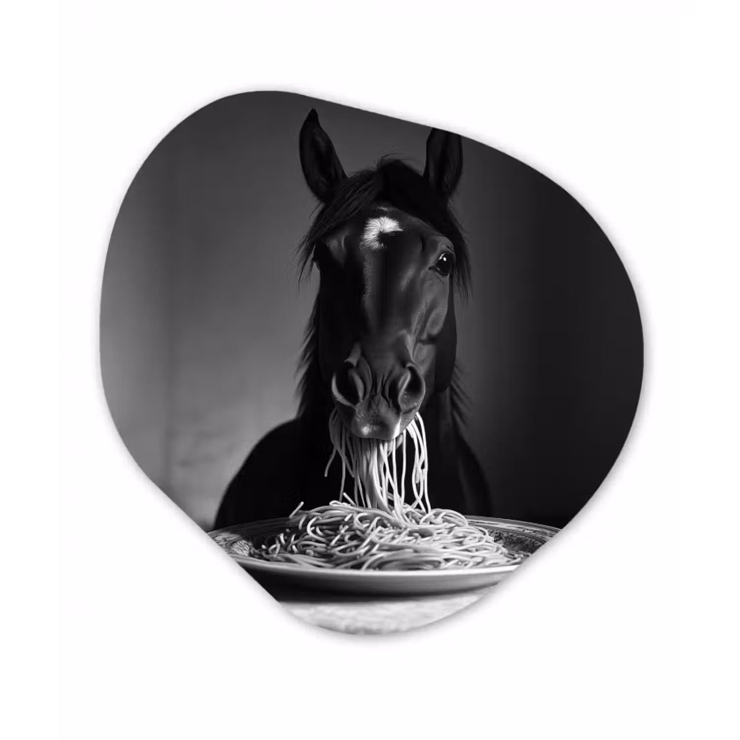 Alu-Dibond-Bild Organische Form - Pferd - Teller - Pasta - Tischtuch - Schwarz und weiß - Tiere