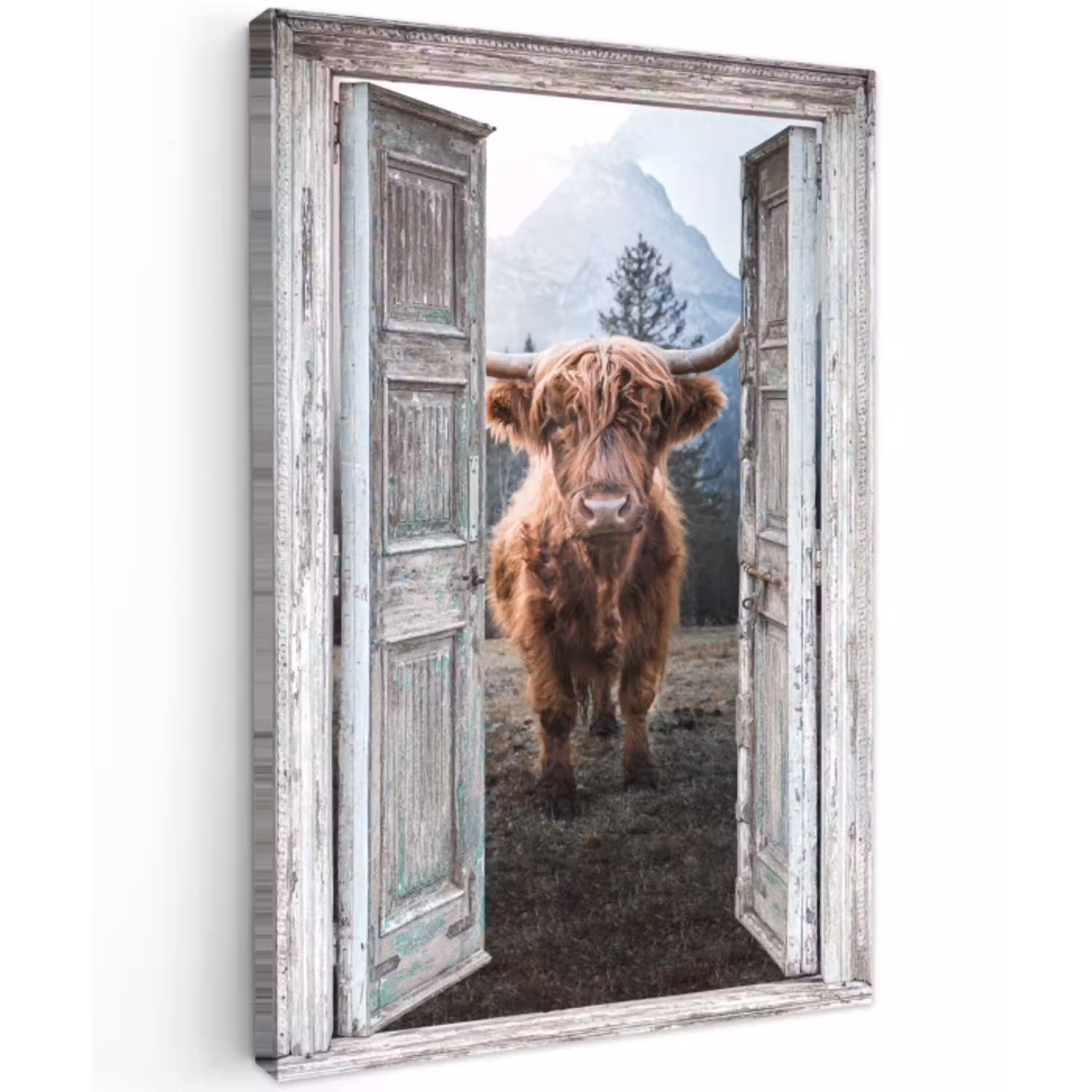 Oude deuren naar Schotse Hooglander Tuinposter op houten frame 2 cm dik klein -3d