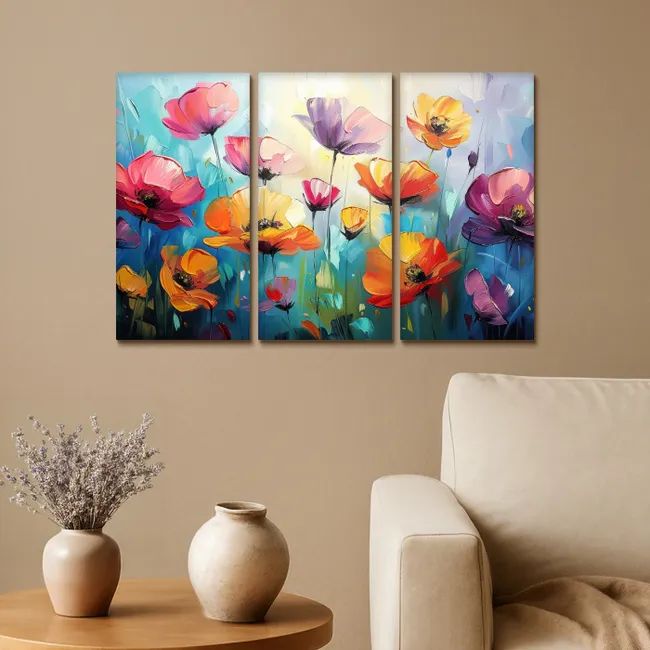 Bloemen - Kleurrijk - Abstract - Natuur Canvas - Meerluiken 3 luik klein -sfeer1