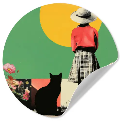 Retro - Meisje - Kat - Zon Wandcirkel behangsticker klein -3d