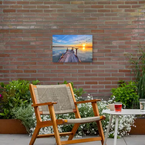 Water - Steiger - Vogels - Zonsondergang - Horizon Tuinposter op houten frame 2 cm dik klein -sfeer3
