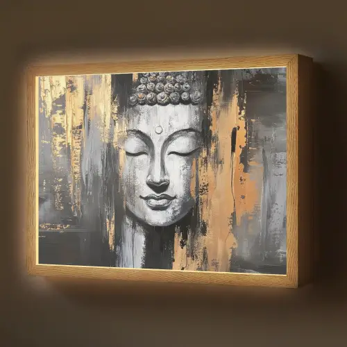 Boedhha - Penseelstreken - Goud - Abstract Light Box met batterij (Wandlamp) middel -z3d_website