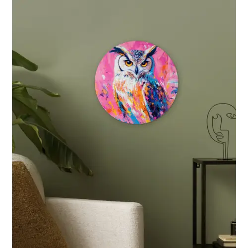 Uil - Roze - Blauw - Verf - Abstract Wandcirkel kunststof plaat 5mm dik klein -sfeer3