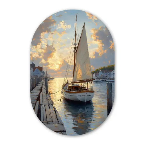 Zeilboot - Zon - Pier - Hout Wandcirkel Ovaal Forex klein -3d