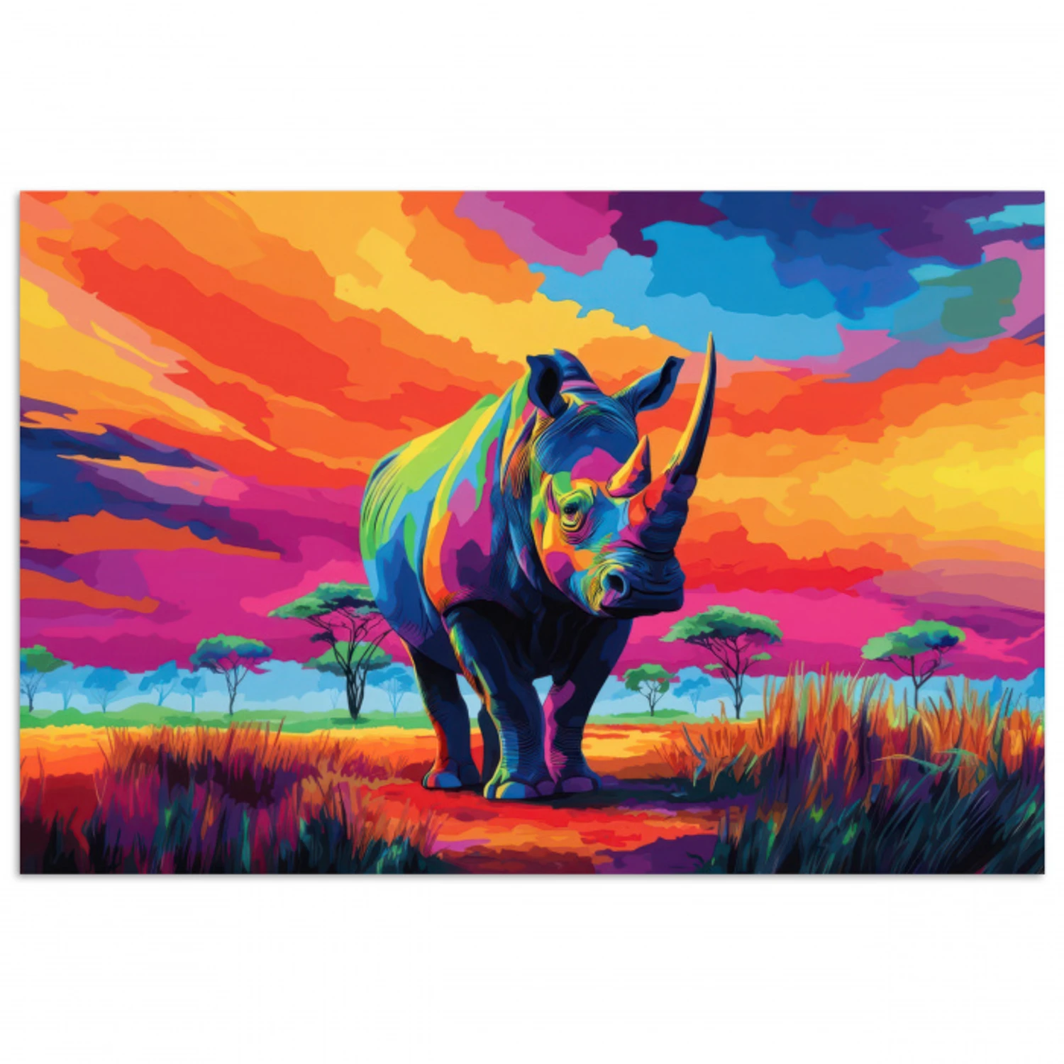 Neushoorn - Zonsondergang - Savanna - Kleurrijk poster papier klein -3d