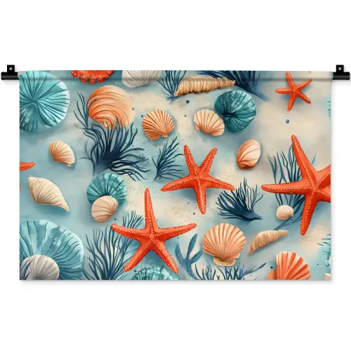 Zeesterren - Schelpen - Illustratie - Zand Wandkleed katoen klein -zz3d