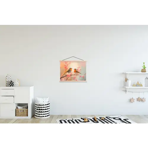 Roodborstjes - Sierlijk - Bloesemtak textielposter latten blank klein -kinderkamer